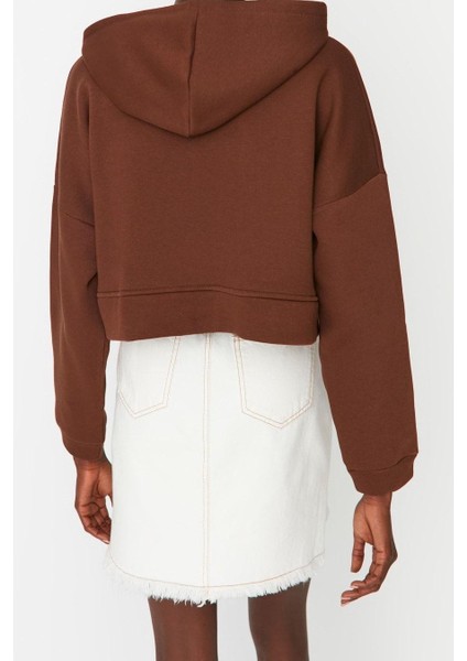 Kadın Relaxed Kapüşonlu Düşük Kol Crop Fermuarlı Rahat Kesim Crop Kalın Içi Polarlı Örme Sweatshirt indirimleri