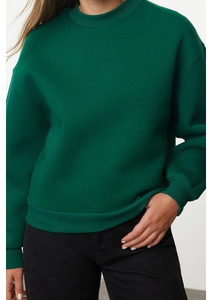 Kadın Moda Şık Relaxed Dik Yaka Düşük Kol Regular Kalın Içi Polarlı Rahat Kalıp Örme Sweatshirt