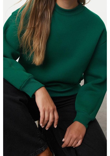 Kadın Moda Şık Relaxed Dik Yaka Düşük Kol Regular Kalın Içi Polarlı Rahat Kalıp Örme Sweatshirt