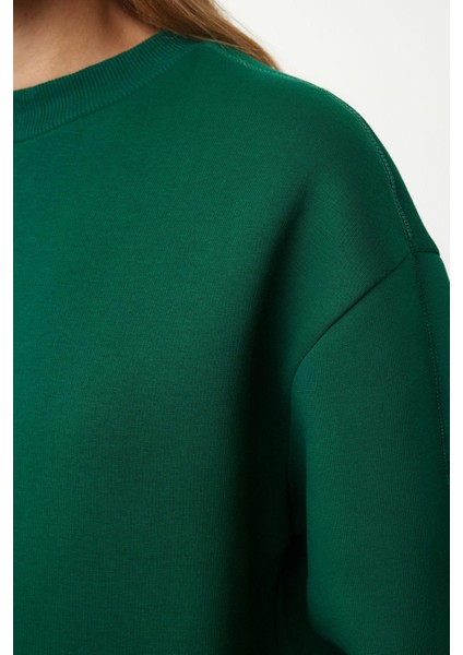 Kadın Moda Şık Relaxed Dik Yaka Düşük Kol Regular Kalın Içi Polarlı Rahat Kalıp Örme Sweatshirt