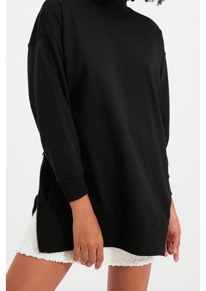 Kadın Oversize Dik Yaka Düşük Kol Uzun Uzun Geniş Kalıp Fermuarlı Kalın Içi Polarlı Örme Sweatshirt