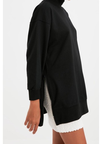 Kadın Oversize Dik Yaka Düşük Kol Uzun Uzun Geniş Kalıp Fermuarlı Kalın Içi Polarlı Örme Sweatshirt