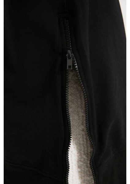 Kadın Oversize Dik Yaka Düşük Kol Uzun Uzun Geniş Kalıp Fermuarlı Kalın Içi Polarlı Örme Sweatshirt