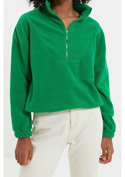 Kadın Moda Şık Regular Fermuarlı Yaka Düşük Kol Regular Fermuar Detaylı Polar Örme Sweatshirt