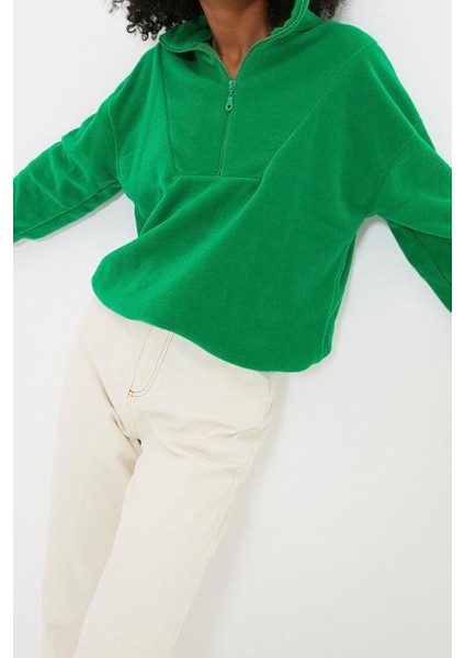 Kadın Moda Şık Regular Fermuarlı Yaka Düşük Kol Regular Fermuar Detaylı Polar Örme Sweatshirt