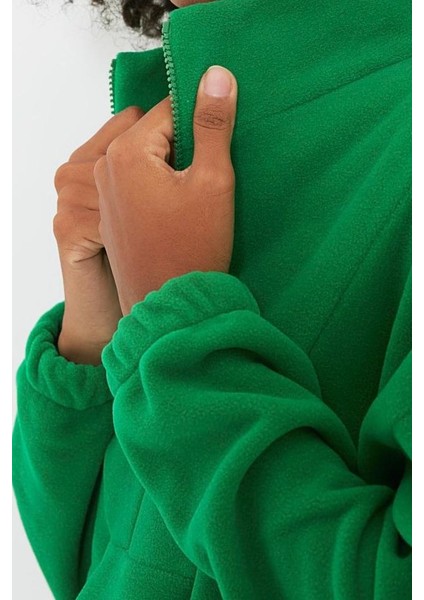 Kadın Moda Şık Regular Fermuarlı Yaka Düşük Kol Regular Fermuar Detaylı Polar Örme Sweatshirt