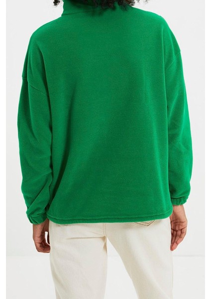 Kadın Moda Şık Regular Fermuarlı Yaka Düşük Kol Regular Fermuar Detaylı Polar Örme Sweatshirt