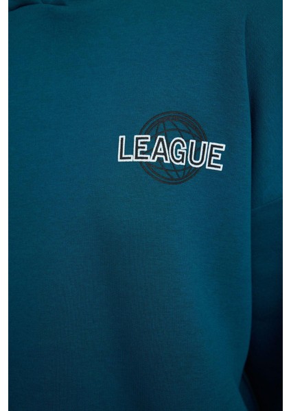 Kadın Moda Şık Relaxed Kapüşonlu Düşük Kol Crop Sırt Baskı Detaylı Kalın Içi Polarlı Örme Sweatshirt