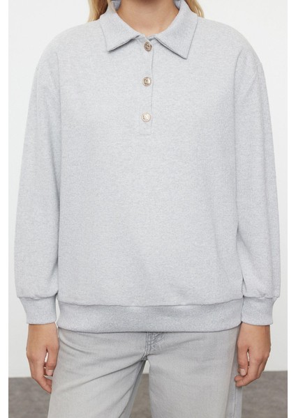 Kadın Moda Şık Regular Polo Yaka Standart Kol Regular Selanik Triko Kalıp Düğmeli Örme Sweatshirt