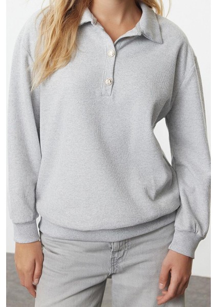 Kadın Moda Şık Regular Polo Yaka Standart Kol Regular Selanik Triko Kalıp Düğmeli Örme Sweatshirt
