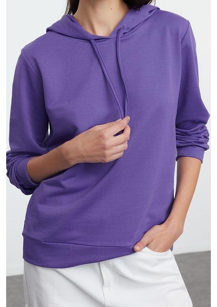 Kadın Moda Şık Regular Kapüşonlu Standart Kol Regular Mor Basic Normal Kalıp Ince Örme Sweatshirt