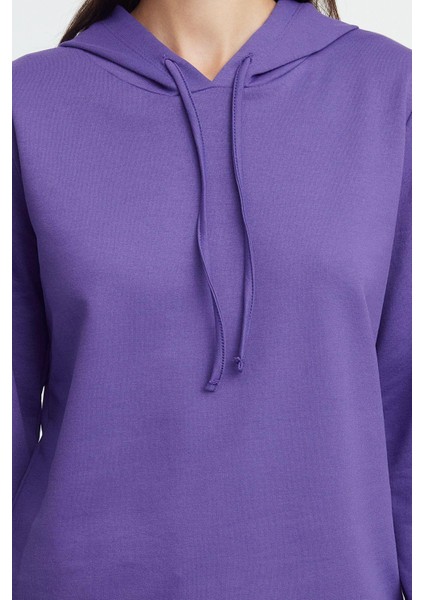 Kadın Moda Şık Regular Kapüşonlu Standart Kol Regular Mor Basic Normal Kalıp Ince Örme Sweatshirt