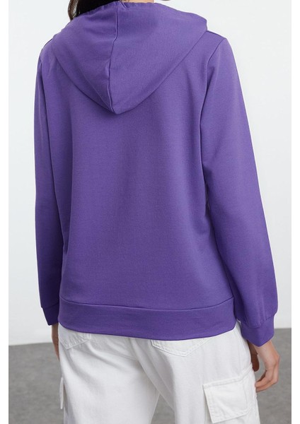 Kadın Moda Şık Regular Kapüşonlu Standart Kol Regular Mor Basic Normal Kalıp Ince Örme Sweatshirt