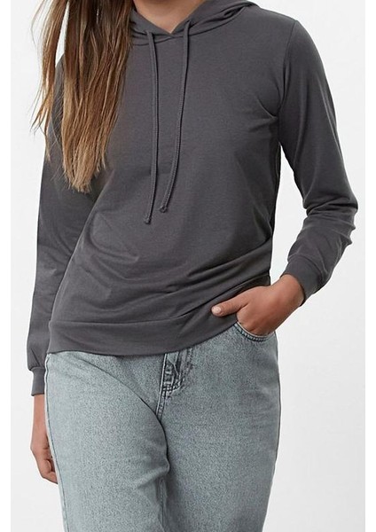 Kadın Moda Şık Regular Kapüşonlu Standart Kol Regular Antrasit Basic Ince Örme Sweatshirt