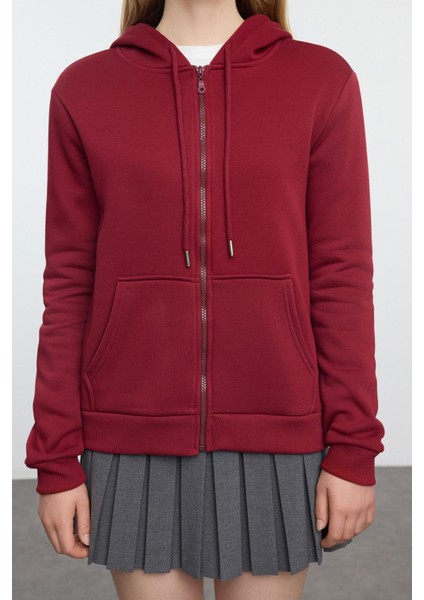 Kadın Moda Regular Kapüşonlu Standart Kol Regular BORDO001 Basic Kalın Içi Polarlı Örme Sweatshirt