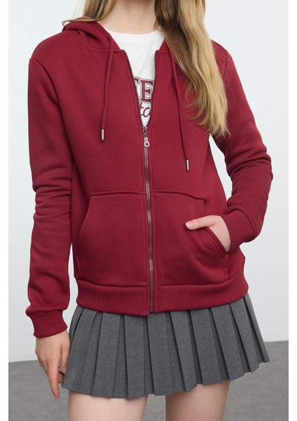 Kadın Moda Regular Kapüşonlu Standart Kol Regular BORDO001 Basic Kalın Içi Polarlı Örme Sweatshirt