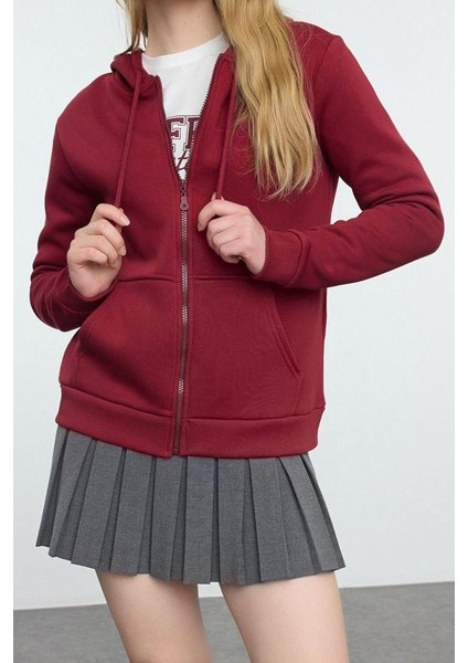 Kadın Moda Regular Kapüşonlu Standart Kol Regular BORDO001 Basic Kalın Içi Polarlı Örme Sweatshirt