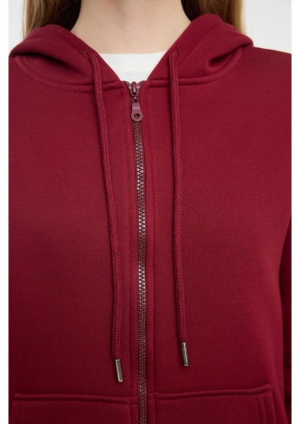 Kadın Moda Regular Kapüşonlu Standart Kol Regular BORDO001 Basic Kalın Içi Polarlı Örme Sweatshirt