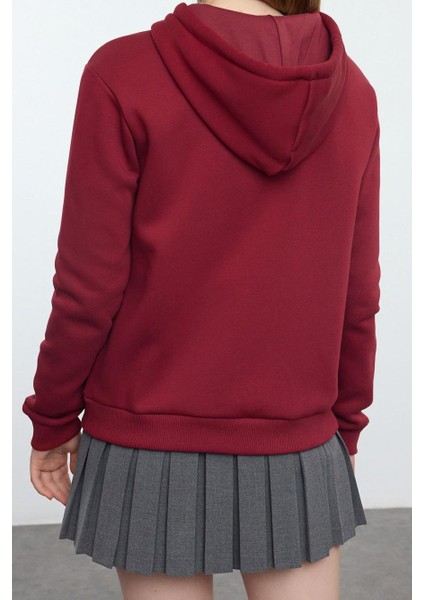 Kadın Moda Regular Kapüşonlu Standart Kol Regular BORDO001 Basic Kalın Içi Polarlı Örme Sweatshirt