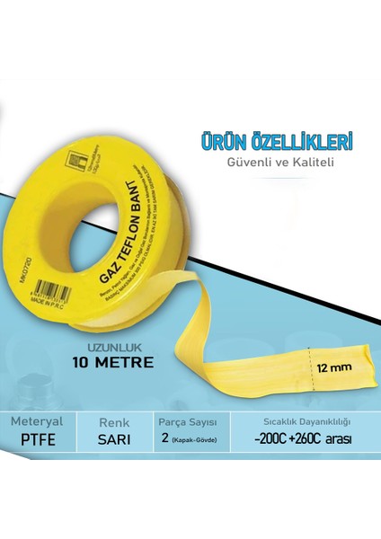 10 Metre Ptfe Doğalgaz Teflon Bant (Güvenliğiniz Için Yüksek Kalite)