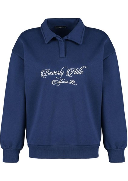 Kadın Oversize Gömlek Yaka Düşük Kol Uzun Gömlek Yaka Nakışlı Fit Kalın Içi Polarlı Örme Sweatshirt