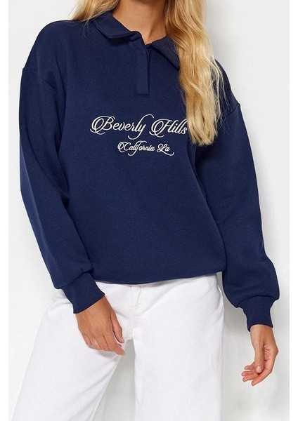 Kadın Oversize Gömlek Yaka Düşük Kol Uzun Gömlek Yaka Nakışlı Fit Kalın Içi Polarlı Örme Sweatshirt modelleri