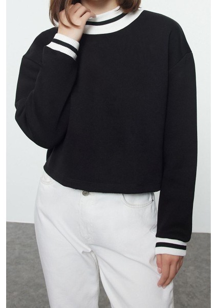 Kadın Bisiklet Yaka Düşük Kol Crop Rahat Kalıp Triko Yakalı Içi Polarlı Kalın Örme Sweatshirt