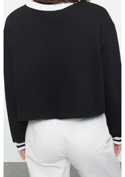 Kadın Bisiklet Yaka Düşük Kol Crop Rahat Kalıp Triko Yakalı Içi Polarlı Kalın Örme Sweatshirt