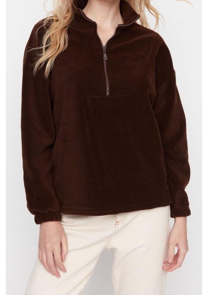 Kadın Moda Şık Regular Fermuarlı Yaka Düşük Kol Regular Fermuar Detaylı Polar Örme Sweatshirt