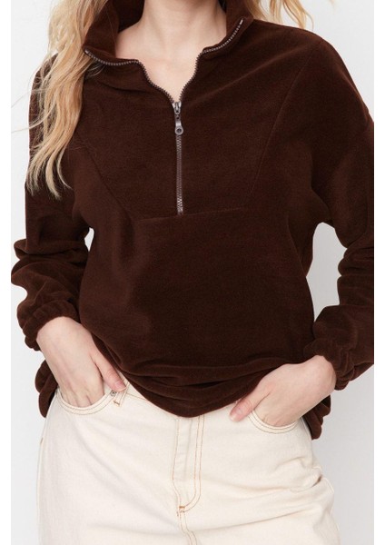 Kadın Moda Şık Regular Fermuarlı Yaka Düşük Kol Regular Fermuar Detaylı Polar Örme Sweatshirt