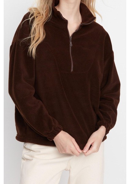 Kadın Moda Şık Regular Fermuarlı Yaka Düşük Kol Regular Fermuar Detaylı Polar Örme Sweatshirt