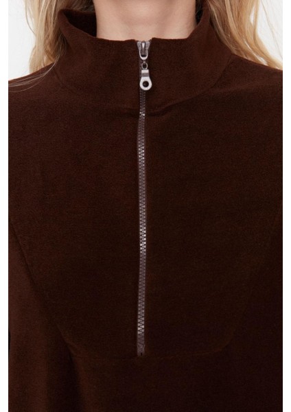 Kadın Moda Şık Regular Fermuarlı Yaka Düşük Kol Regular Fermuar Detaylı Polar Örme Sweatshirt