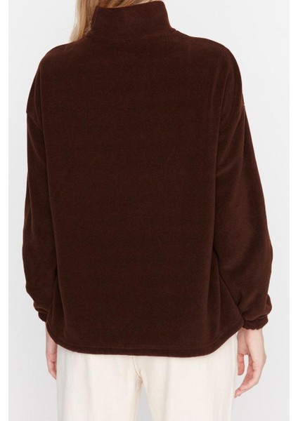 Kadın Moda Şık Regular Fermuarlı Yaka Düşük Kol Regular Fermuar Detaylı Polar Örme Sweatshirt