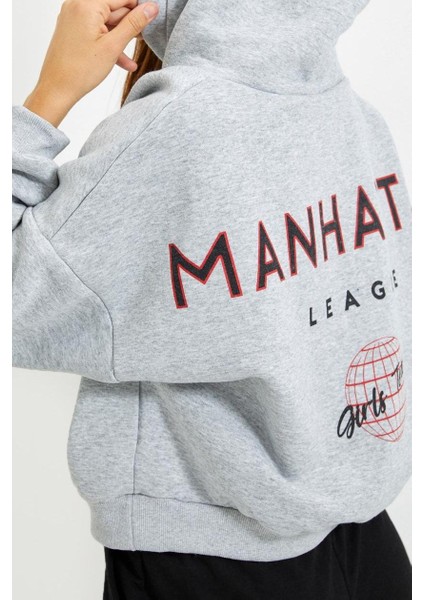 Kadın Moda Şık Relaxed Kapüşonlu Düşük Kol Crop Sırt Baskı Detaylı Kalın Içi Polarlı Örme Sweatshirt