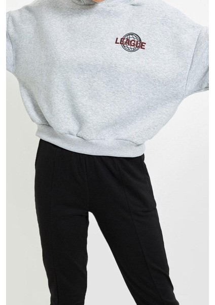 Kadın Moda Şık Relaxed Kapüşonlu Düşük Kol Crop Sırt Baskı Detaylı Kalın Içi Polarlı Örme Sweatshirt