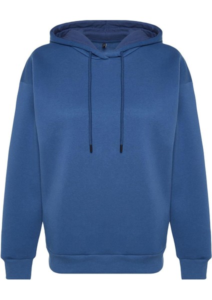Kadın Moda Bol Kapüşonlu Düşük Kol Uzun Kalın Içi Polarlı Cep Detaylı Normal Kalıp Örme Sweatshirt