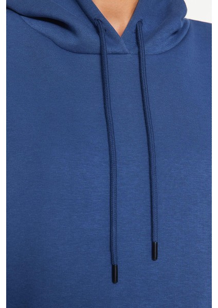 Kadın Moda Bol Kapüşonlu Düşük Kol Uzun Kalın Içi Polarlı Cep Detaylı Normal Kalıp Örme Sweatshirt