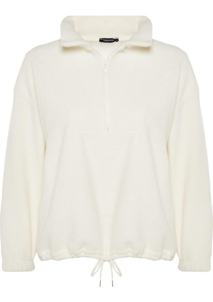 Kadın Moda Şık Regular Fermuarlı Yaka Düşük Kol Regular Fermuar Detaylı Polar Örme Sweatshirt