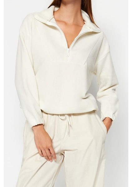 Kadın Moda Şık Regular Fermuarlı Yaka Düşük Kol Regular Fermuar Detaylı Polar Örme Sweatshirt modelleri