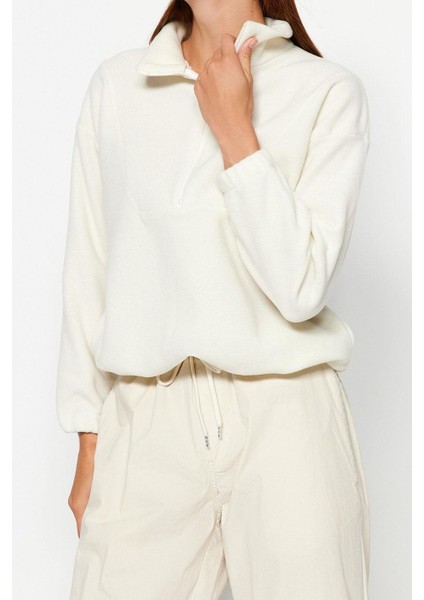 Kadın Moda Şık Regular Fermuarlı Yaka Düşük Kol Regular Fermuar Detaylı Polar Örme Sweatshirt fırsatları