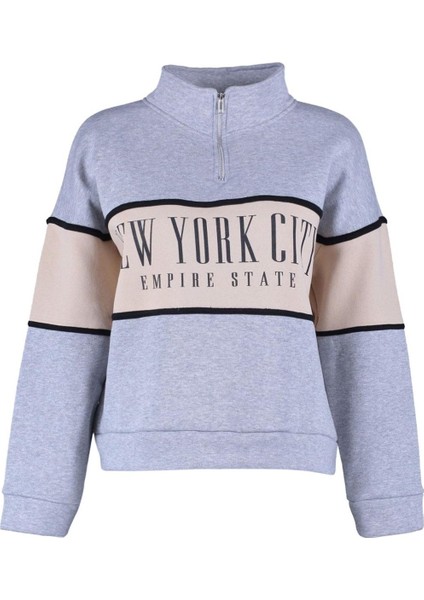 Kadın Fermuarlı Yaka Düşük Kol Melanj Basic Baskılı Kalın Içi Polarlı Örme Sweatshirt