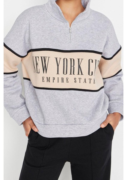 Kadın Fermuarlı Yaka Düşük Kol Melanj Basic Baskılı Kalın Içi Polarlı Örme Sweatshirt