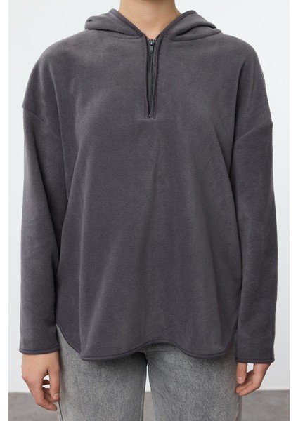 Kadın Moda Şık Bol Kapüşonlu Düşük Kol Uzun Kalın Polar ve Fermuarlı Geniş Kalıp Örme Sweatshirt