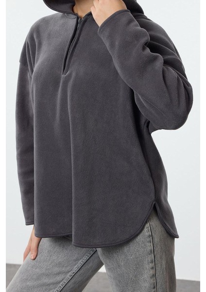 Kadın Moda Şık Bol Kapüşonlu Düşük Kol Uzun Kalın Polar ve Fermuarlı Geniş Kalıp Örme Sweatshirt