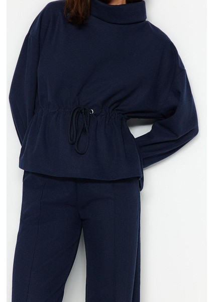 Kadın Moda Şık Regular Dik Yaka Standart Kol Regular Selanik Triko Büzgülü Kalıp Örme Sweatshirt