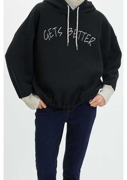 Kadın Moda Şık Relaxed Kapüşonlu Düşük Kol Uzun Kalın Içi Polarlı Triko Bant Detaylı Örme Sweatshirt