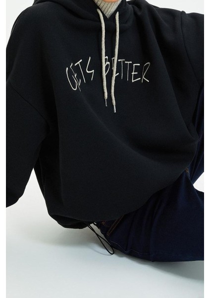 Kadın Moda Şık Relaxed Kapüşonlu Düşük Kol Uzun Kalın Içi Polarlı Triko Bant Detaylı Örme Sweatshirt