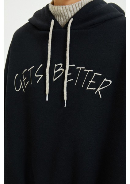 Kadın Moda Şık Relaxed Kapüşonlu Düşük Kol Uzun Kalın Içi Polarlı Triko Bant Detaylı Örme Sweatshirt