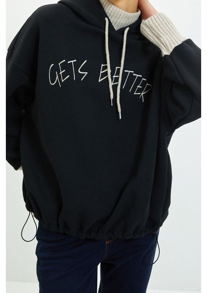 Kadın Moda Şık Relaxed Kapüşonlu Düşük Kol Uzun Kalın Içi Polarlı Triko Bant Detaylı Örme Sweatshirt