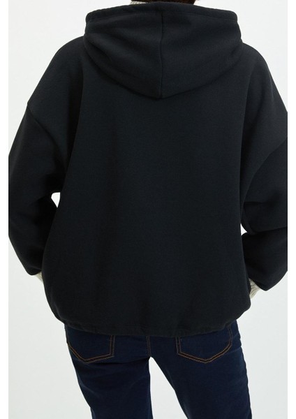 Kadın Moda Şık Relaxed Kapüşonlu Düşük Kol Uzun Kalın Içi Polarlı Triko Bant Detaylı Örme Sweatshirt